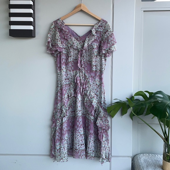 SUNDANCE lavender purple blue 100% silk Flight of Fancy tiered ruffle dress - Picture 3 of 10